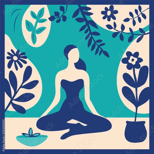 Fototapeta Woman sitting in lotus pose in the room full of plants