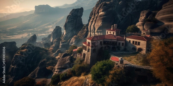 Fototapeta Mysterious monasteries hanging over rocks of Meteora, Greece - most famous landmarks and beautiful places, Generative Ai