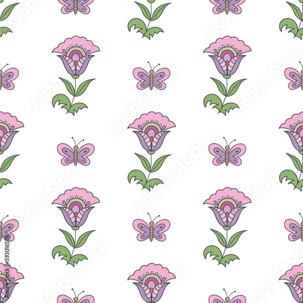 Obraz springtime flowering seamless pattern with butterflies on a white background