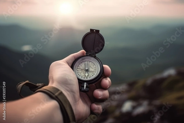 Fototapeta Compass and map in hands of traveler for checking and searching position and direction at the top of peak of mountain while hiking for camping