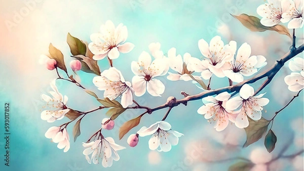 Fototapeta Floral spring background of cherry blossom flower in spring. Watercolor illustration. Generated AI .
