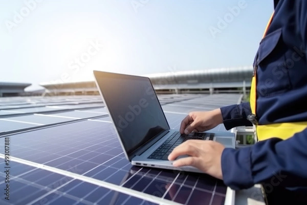 Fototapeta Hand of engineer using notebook on rooftop photovoltaic power station for analyze electric data