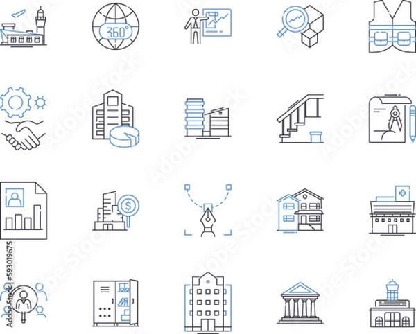 Fototapeta Engineering tech outline icons collection. Engineering, Technology, Innovate, Mechanics, Design, Construct, Develop vector and illustration concept set. Electronic, Mechanical, Architecture linear