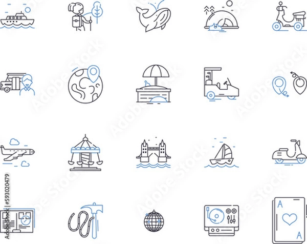 Fototapeta Travel and leisure outline icons collection. Vacation, Tour, Adventure, Sightseeing, Explore, Holiday, Recreation vector and illustration concept set. Exploring, Cruise, Bike linear signs
