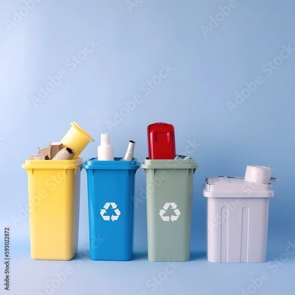 Obraz Containers containing various forms of waste on a light blue background. The concept of recycling. generative ai