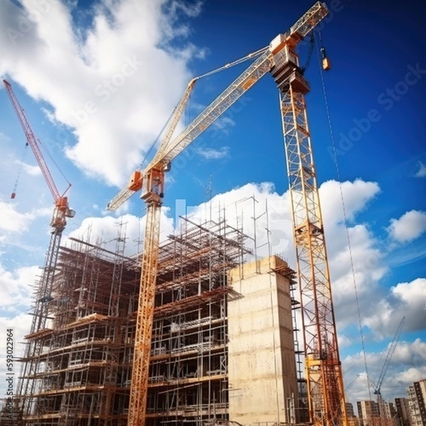 Fototapeta a crane and a construction site against a blue sky. generative ai