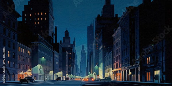 Obraz American Cityscape at Night with Buildings - Comic-style Drawing - generative ai
