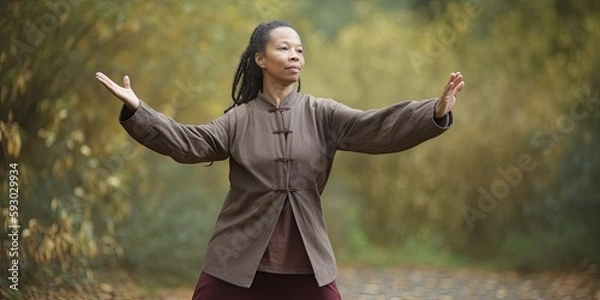 Fototapeta woman practicing Tai chi in the park on a warm day, generative AI