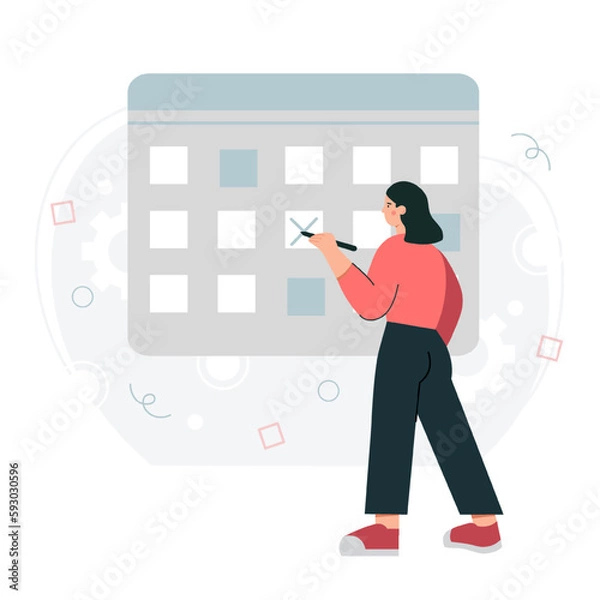 Fototapeta Cartoon character of young woman planning her working schedule. Process of developing effective time management strategy. Making calendar schedule. Vector