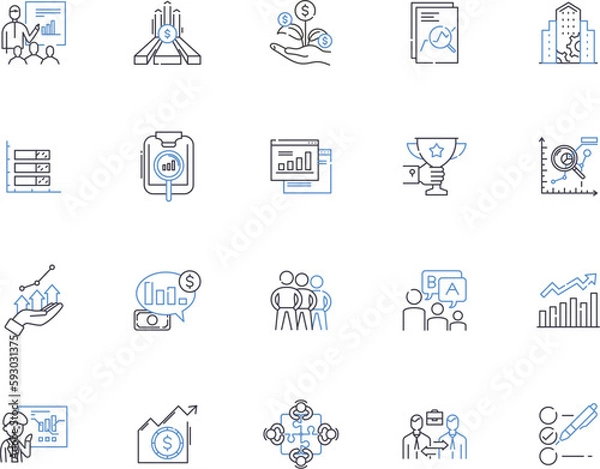 Fototapeta Development outline icons collection. Growth, Progress, Expansion, Advance, Elevation, Creation, Emergence vector and illustration concept set. Improvement, Evolution, Education linear signs