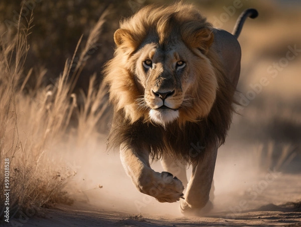 Obraz Great male lion with majestic mane walking towards camera on dusty ground in africa - Generative AI