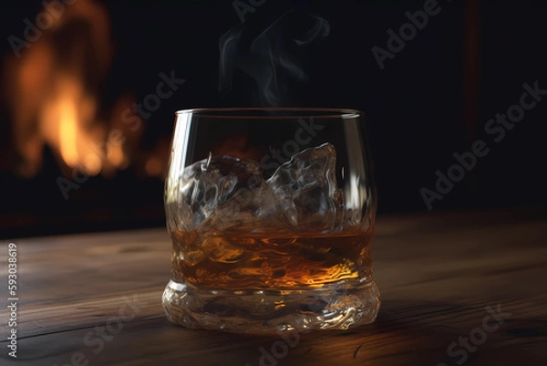 Fototapeta Smoke Out Of A Glass Of Whiskey On The Rocks On A. Created by Generative AI