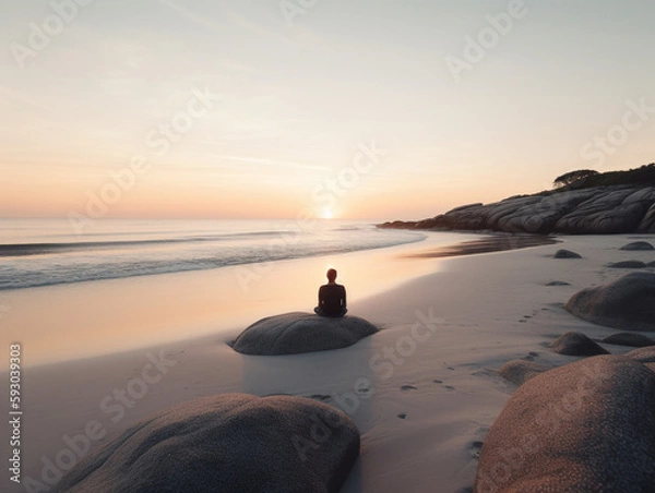 Fototapeta Lonely young woman sitting and meditating on the beach at sunrise, clearing her head and feeling happyness - Generative AI