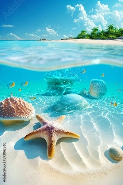 Obraz Starfish and seashells on seashore - beach holiday background. Generative AI.