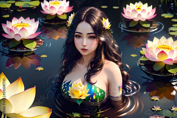 Fototapeta woman with flowers in lotus pond, generative ai