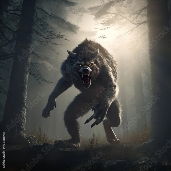Fototapeta Mysterious werewolf character in the woods. Mythology figure.