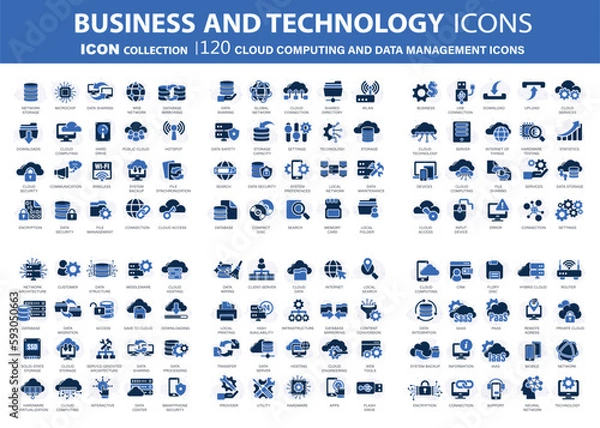 Fototapeta Cloud technology, programming, data management, internet connection, social network, computing, information. 120 blue technology icons set. Flat vector illustration