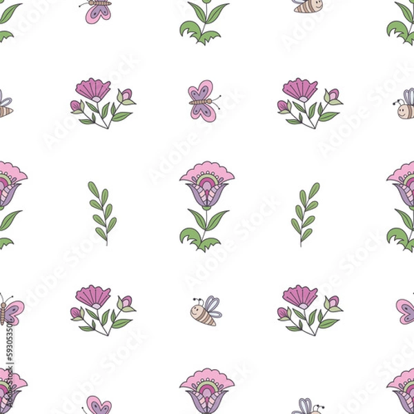 Obraz springtime flowering seamless pattern with butterflies on a white background