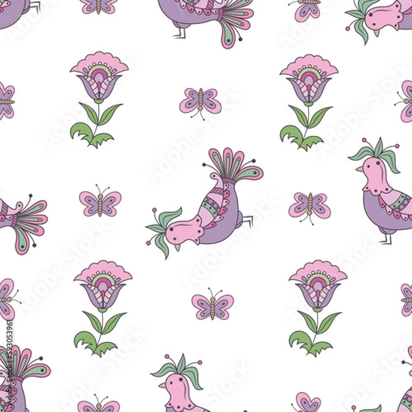 Obraz springtime flowering seamless pattern with birds on a white background