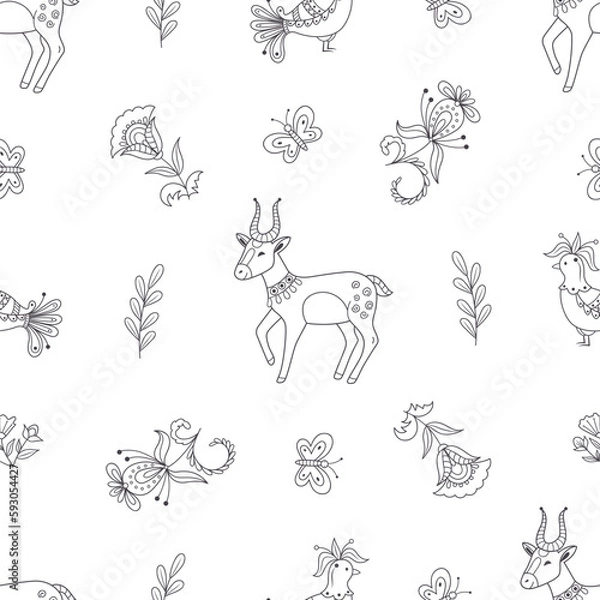 Obraz springtime flowering seamless pattern with deer on a white background