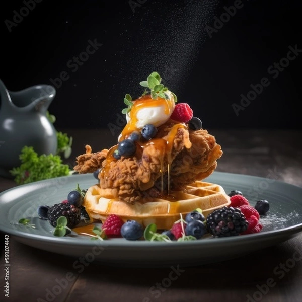 Obraz Poached Egg Chicken and Waffles - Generative Ai Illustration