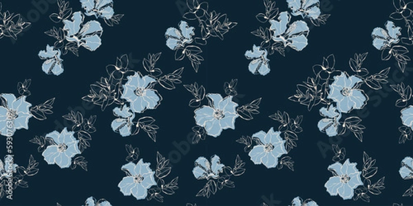 Fototapeta floral pattern, navy blue flowers. summer dress design seamless vector repeat pattern. For fabric, textile or surface design