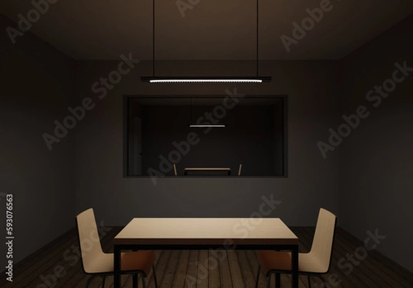 Fototapeta Debriefing or interrogation room with a one-way mirror window, 3d rendering. Police office interrogation room without people in low light