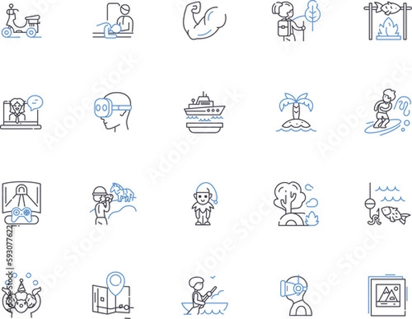 Obraz People lifestyle outline icons collection. Living, Dining, Travelling, Clothing, Working, Shopping, Writing vector and illustration concept set. Relaxing, Socializing, Bonding linear signs