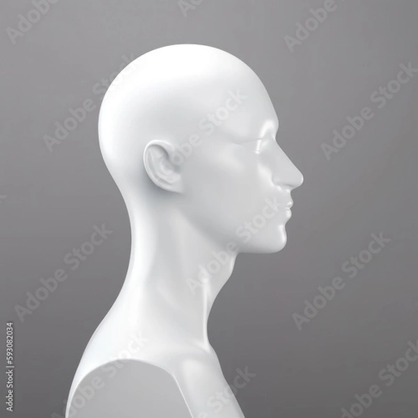 Obraz mannequin head isolated on white background, Blank White Head Side view, plastic human faceless dummy figure, wig holder 3D render illustration, generative ai