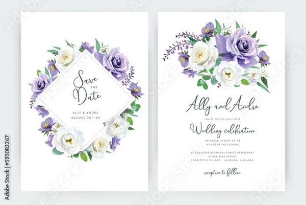 Fototapeta Vector, wedding invite card template set. Watercolor style, purple, violet, white garden rose flowers, helleborum, lisanthus, eucalyptus green leaf bouquet illustration. Editable floral frame, border