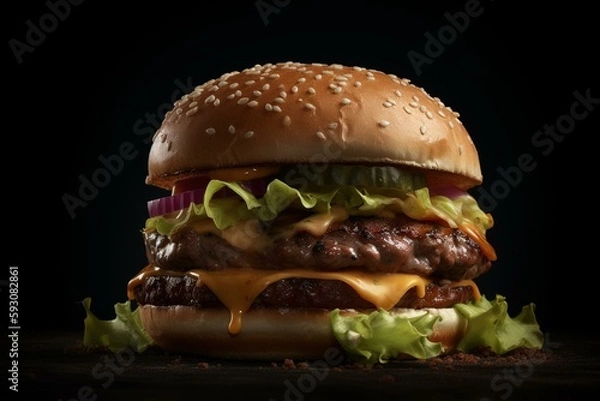 Fototapeta A big piece with juicy detail of the BBQ beef or pork cheeseburger with various type of vegetable is isolated placed on black background for advertising. Generative Ai image