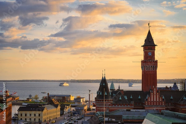 Obraz The Town hall is the main landmark of Helsingborg, Sweden. The historical Town Hall was built in neo-Gothic style in 1897. Helsingor, Denmark in the background.