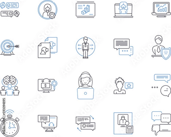 Fototapeta Management basics outline icons collection. Leadership, Planning, Hiring, Organising, Monitoring, Budgeting, Delegating vector and illustration concept set. Training, Communication, Time-Management