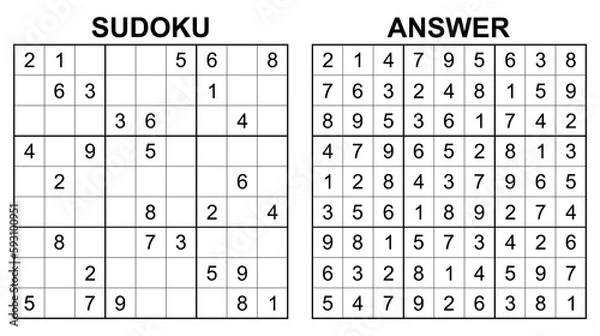 Fototapeta Vector sudoku with answer 21. Educational game with numbers for kids and leisure for adult on white background.