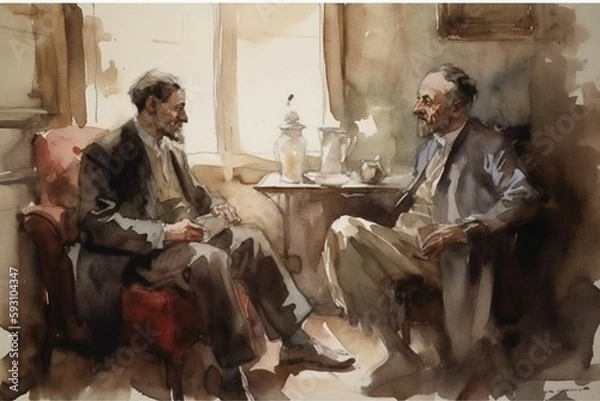 Fototapeta Two people pointing fingers and arguing, sitting on different sofas, watercolor. AI generative
