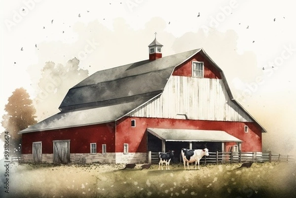 Obraz Traditional Vintage Red Farm barn with white and black cow on the front. Original simple watercolor rural illustration. Generative AI