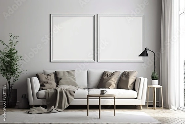 Fototapeta A Luxurious, Modern Home's Cozy Living Room: Empty Picture Frame Hanging on White Wall for Mock-up Background: Generative AI