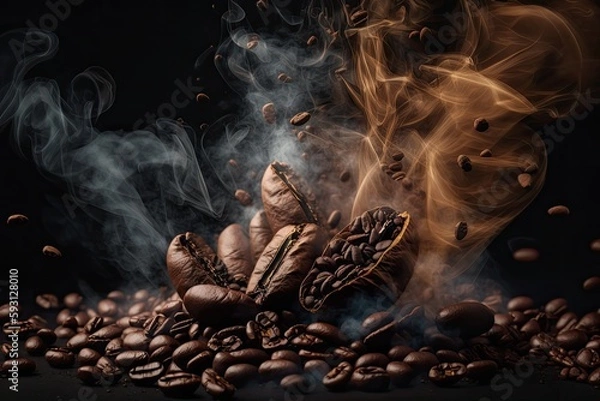 Fototapeta roast coffee beans. coffee beans that have just been smoked. close up of coffee beans with smoke, highlighting the grain. Generative AI