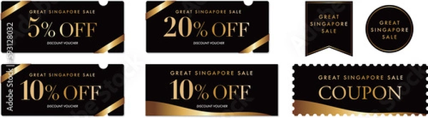 Fototapeta グレートシンガポールセールに使える黒と金のクーポンベクターアイコンセット