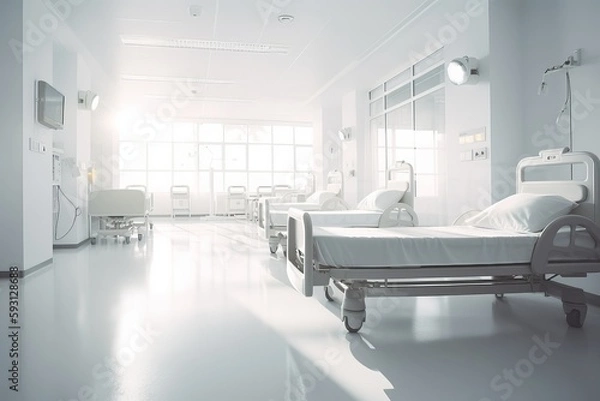 Fototapeta Bright white modern multi patient bed in hospital from generative ai
