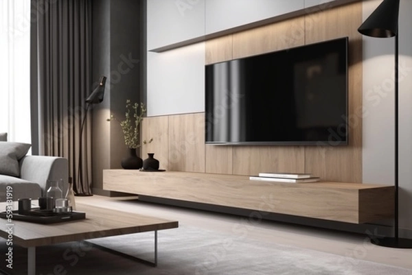 Fototapeta room interior with TV cabinet on white wall mockup, Generative AI