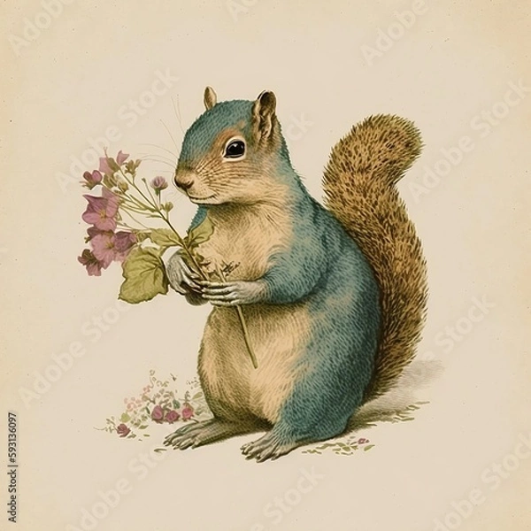 Obraz Cute Squirrel with Flower - A Timeless Beauty (ai generated)