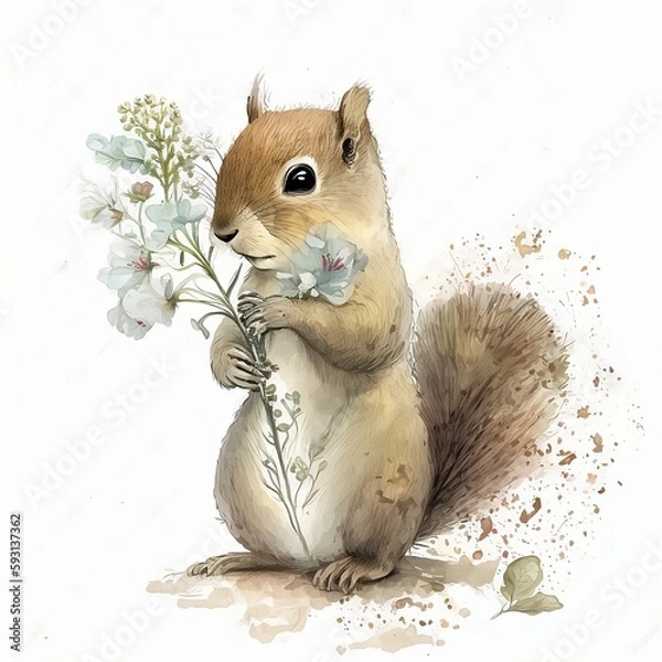 Obraz Cute Squirrel with Flower - A Timeless Symbol of Beauty (ai generated)