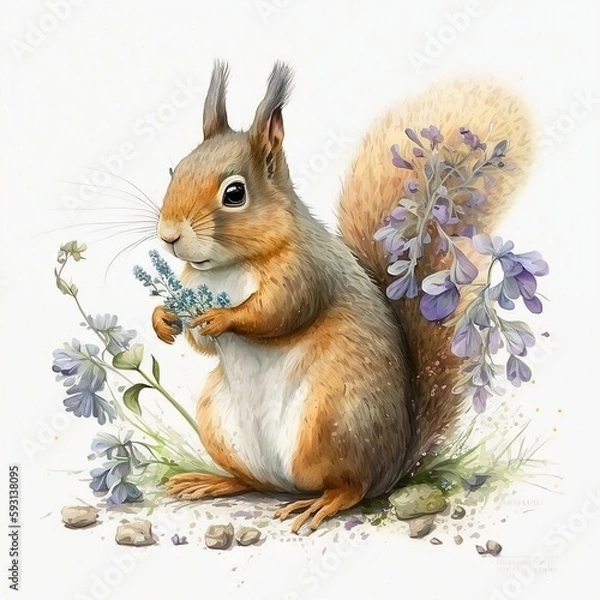 Obraz A Timeless Beauty - Cute Squirrel with Flower (ai generated)
