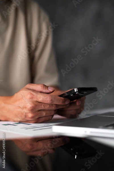 Fototapeta Vertical image of student hands using smart phone electronic learning. E-learning technology concept