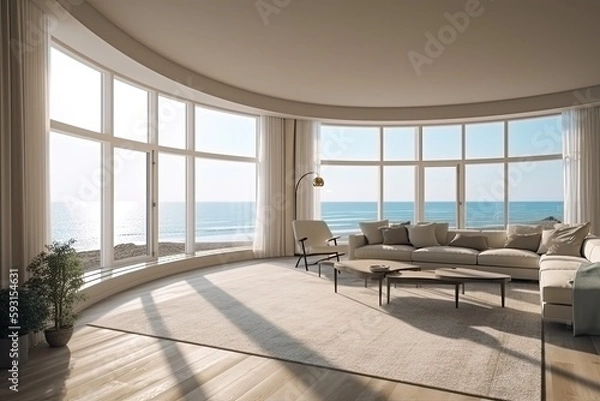 Fototapeta Large living room with a sea view in a lavish summer beach home, modern furniture. interior of a holiday house or villa - generative ai	
