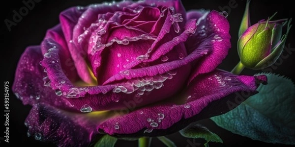 Fototapeta a recently bloomed, moist rose in macro photography Image displaying the 2023 year's color, Viva Magenta. Generative AI