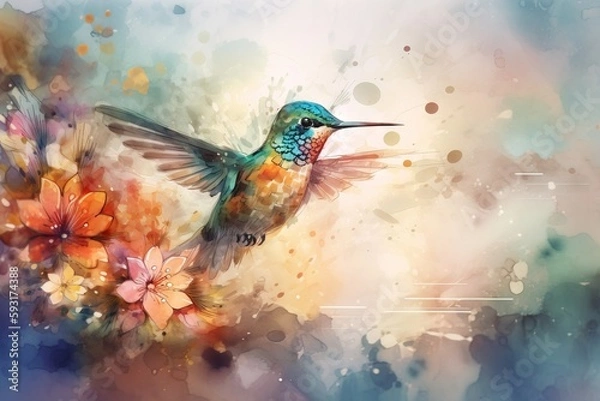 Fototapeta  a painting of a hummingbird flying over a bunch of flowers.  generative ai