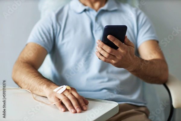 Fototapeta Closeup of unrecognizable man using smartphone during chemotherapy treatment, copy space