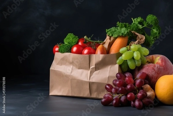 Fototapeta  a bag full of fruits and vegetables on a dark background.  generative ai